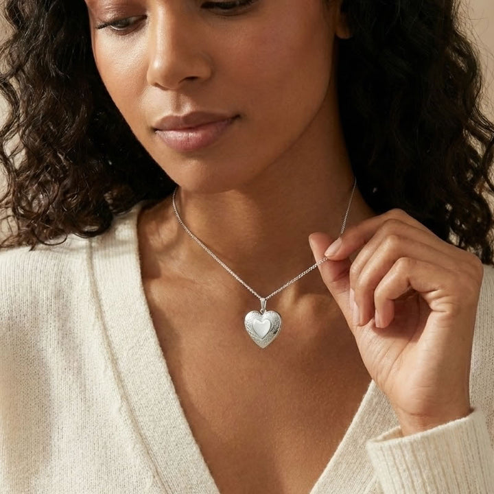 Sterling Silver Flower Pattern Heart Locket