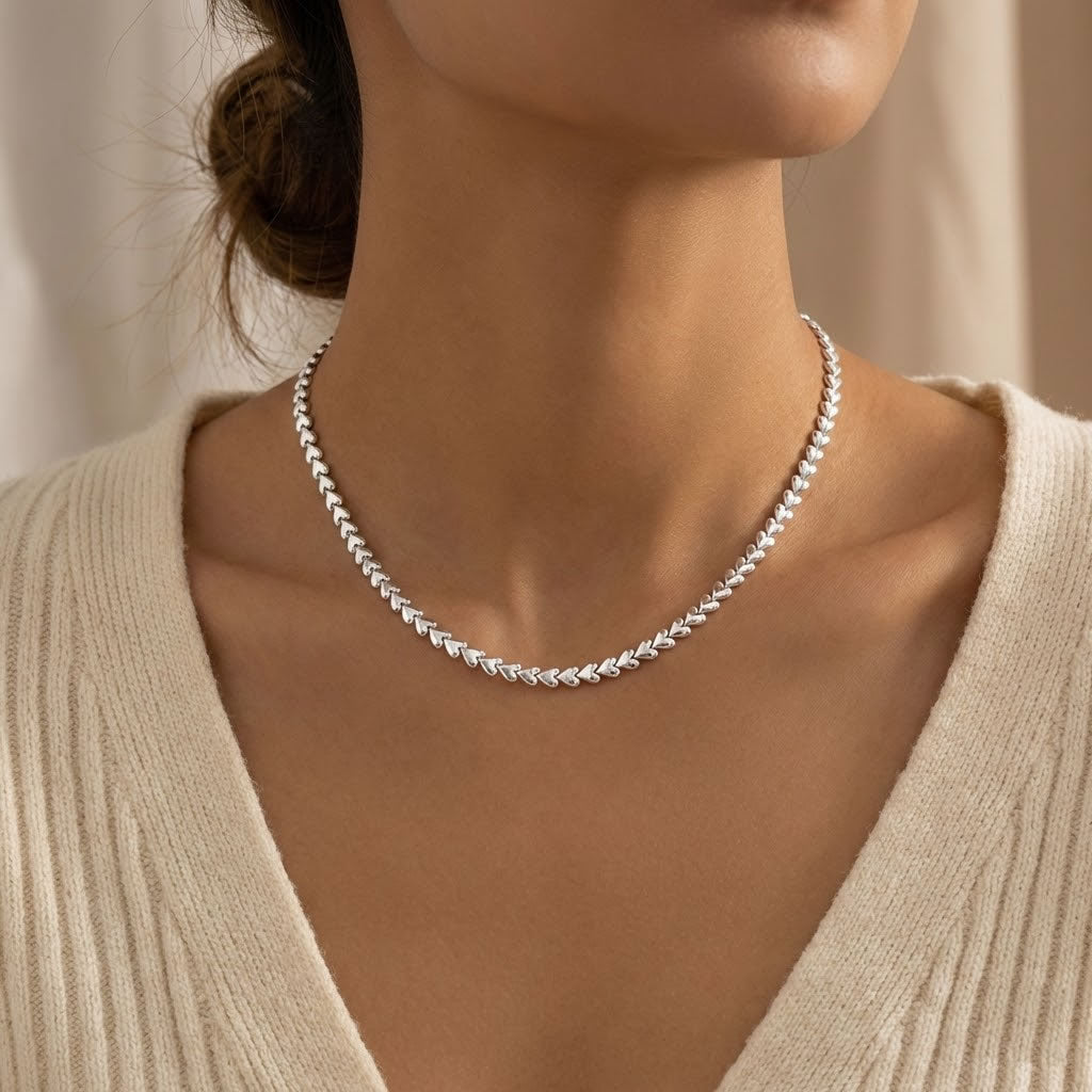 Sterling Silver Linked Hearts Chain Necklace