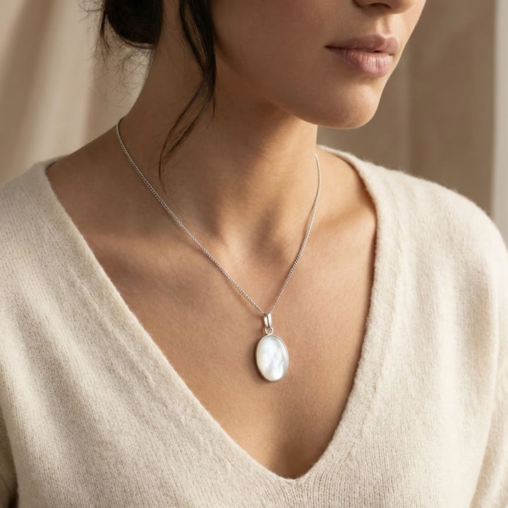 Sterling Silver Oval Mother of Pearl Necklace