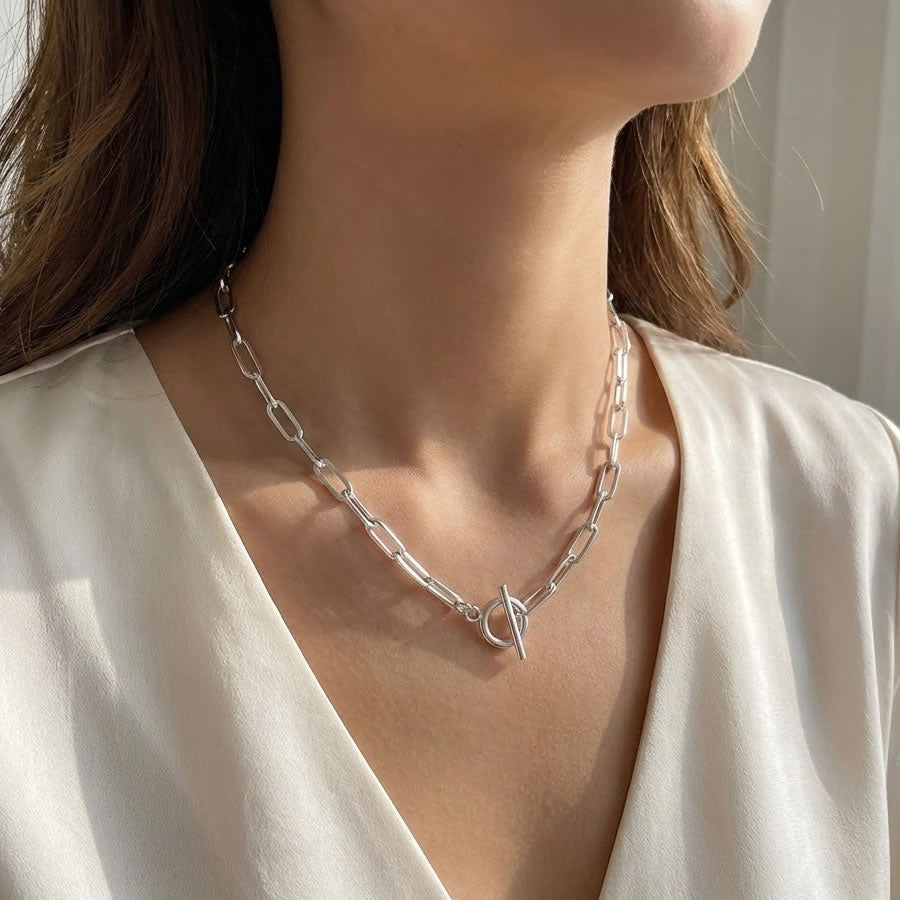 Silver Oval Chain Link T-Bar Necklace