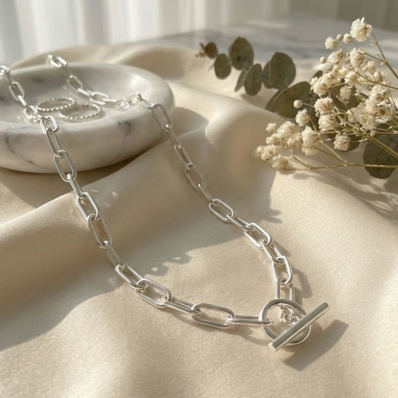 Silver Oval Chain Link T-Bar Necklace