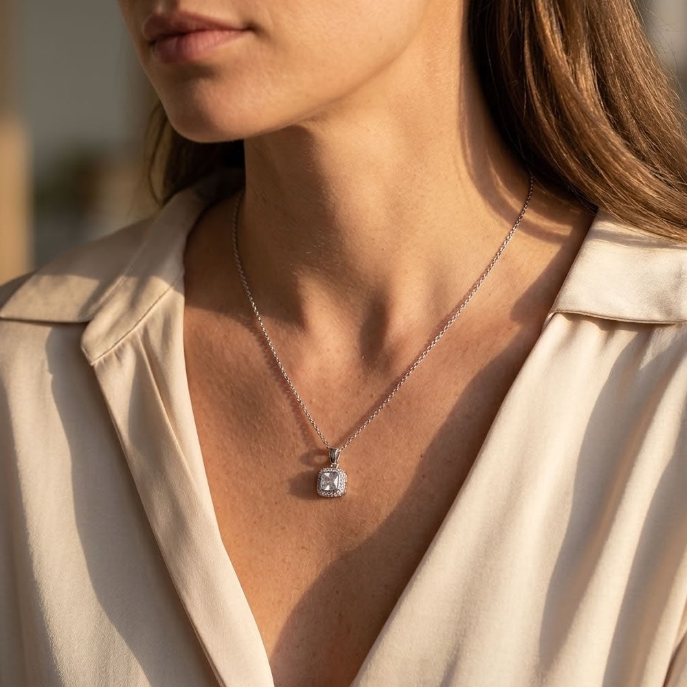 Luminous Silver Square Halo Pendant
