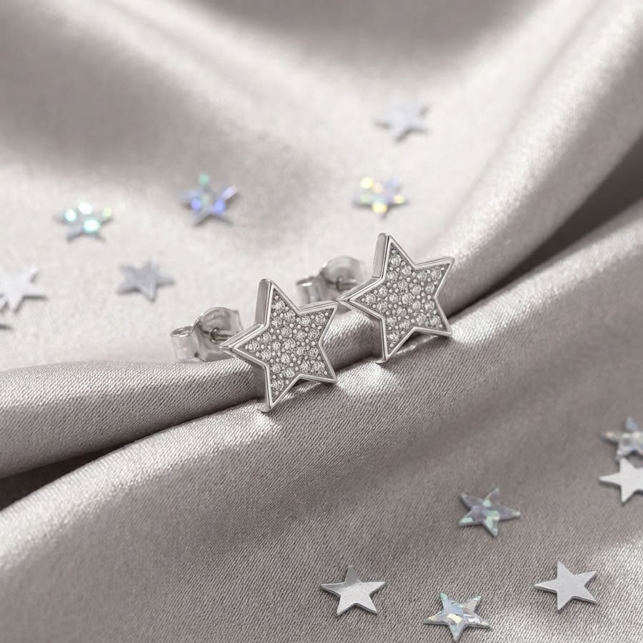 Silver Pave Star Stud Earrings
