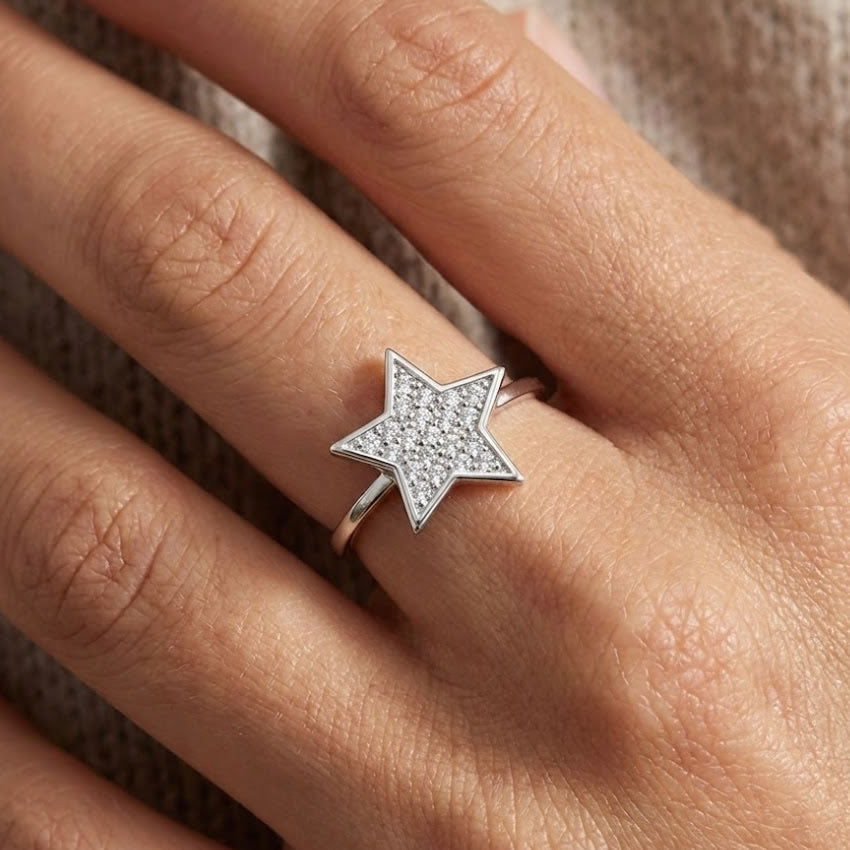 Sterling Silver Sparkling Pave Star Ring
