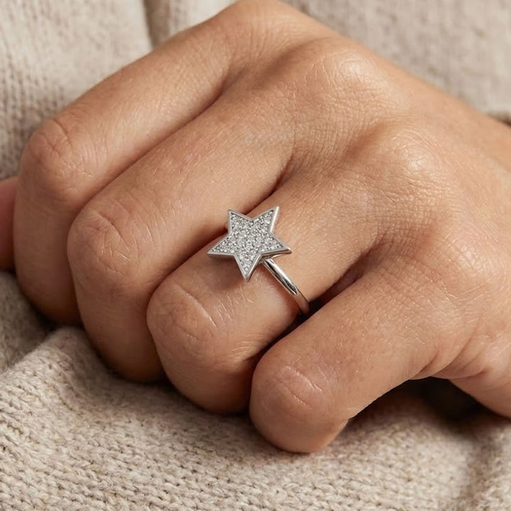 Sterling Silver Sparkling Pave Star Ring