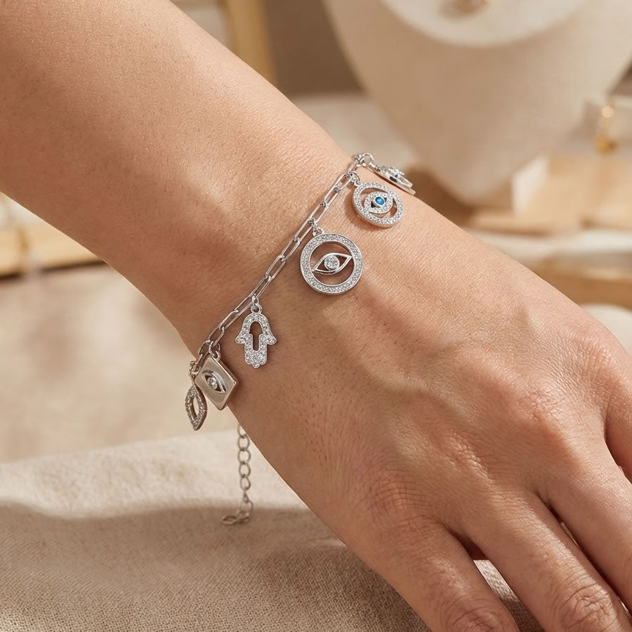 Sterling Silver Evil Eye Protection Charm Bracelet