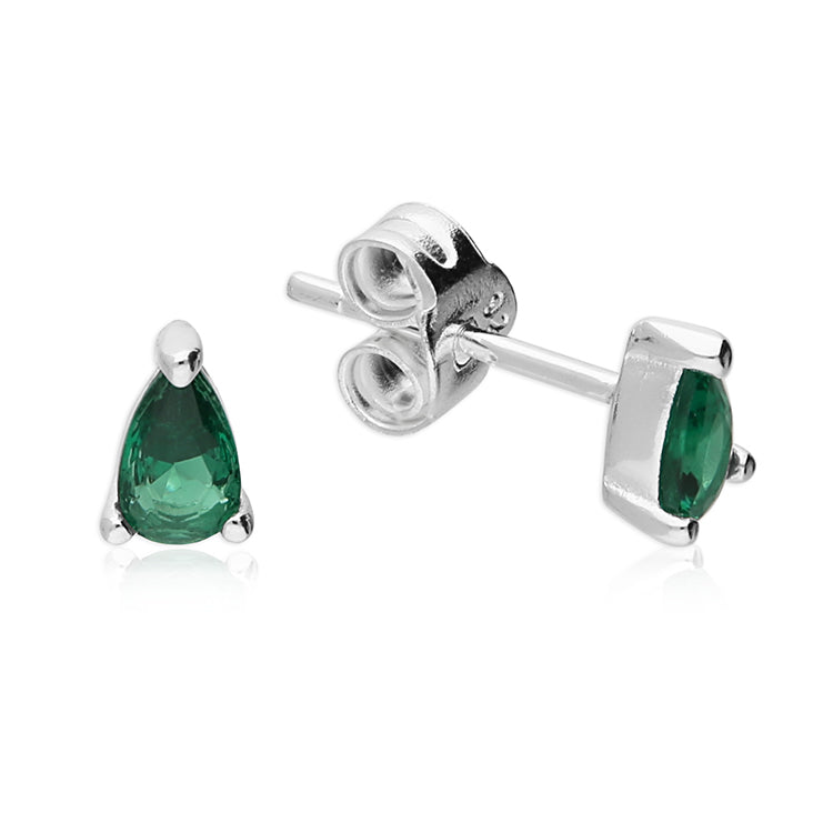 Silver Emerald Green Teardrop Stud Earrings