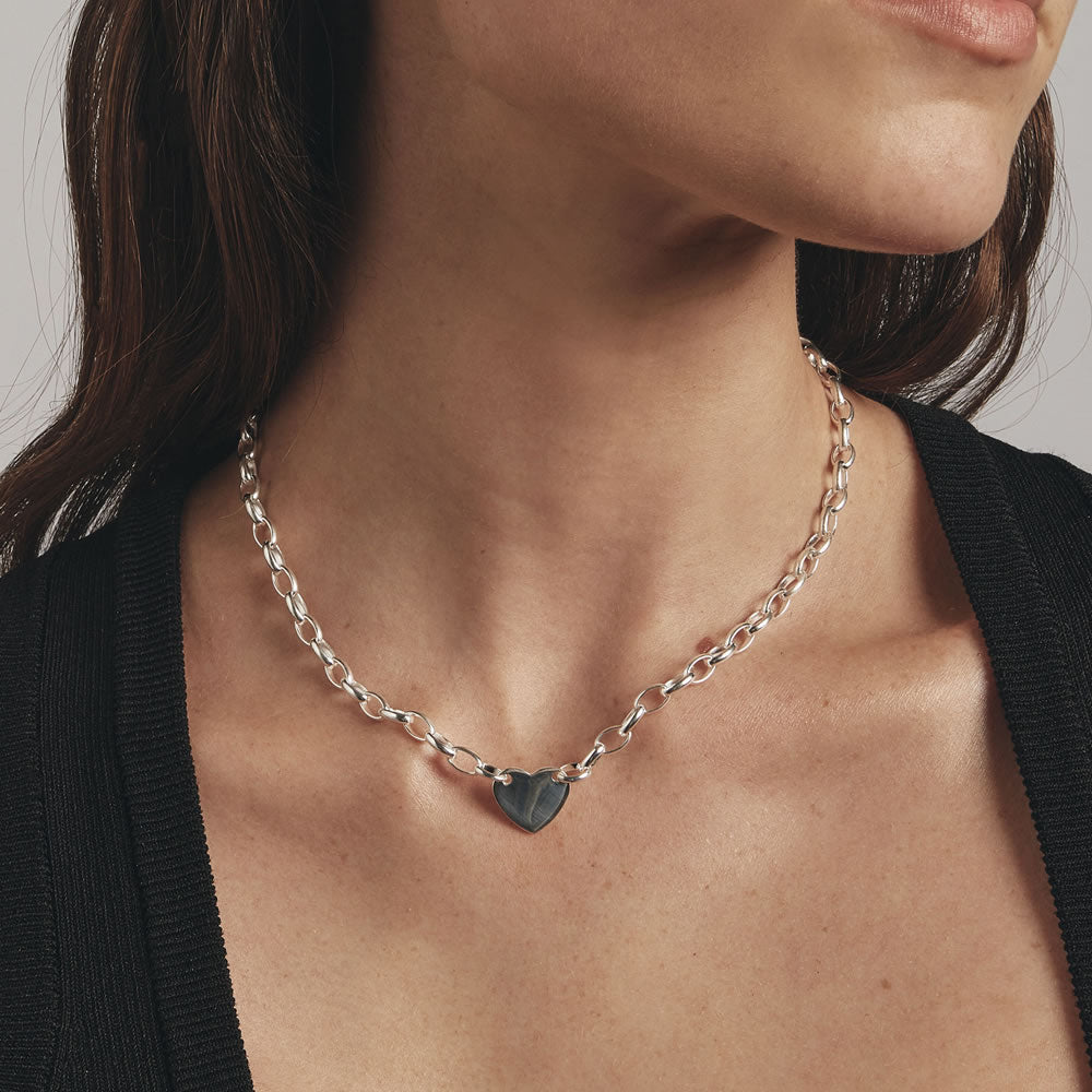 Silver Heart Tag Oval Chain Necklace