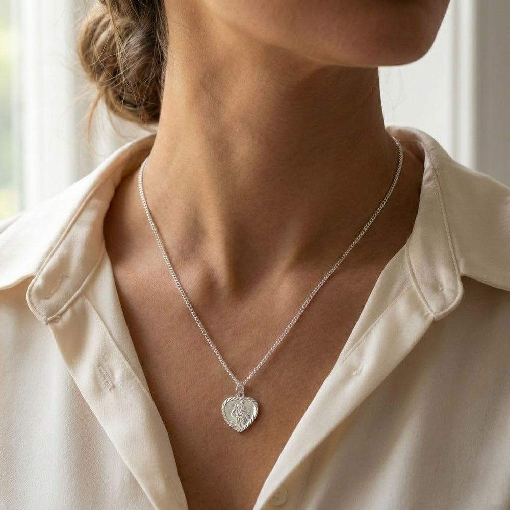 Silver Personalised St Christopher Heart Pendant