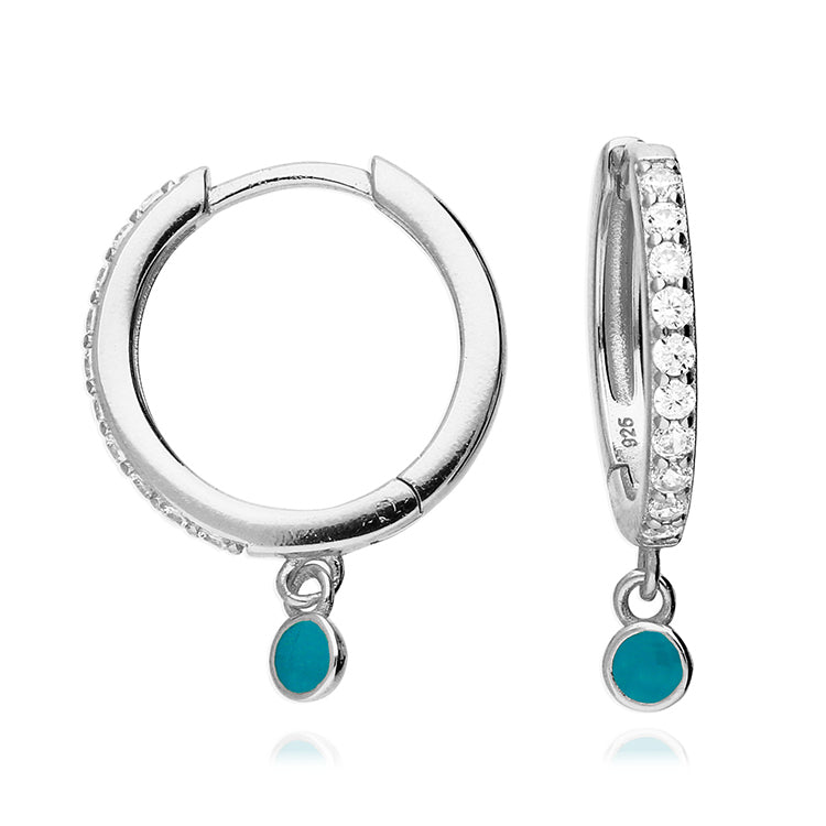 Silver Cubic Zirconia Turquoise Charm Hoop Earrings