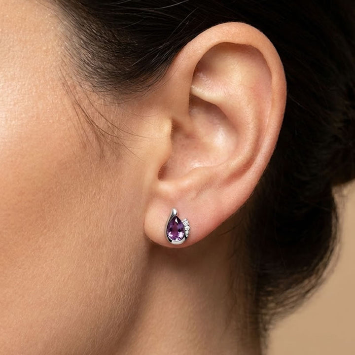 9ct White Gold Amethyst & Diamond Curve Earrings