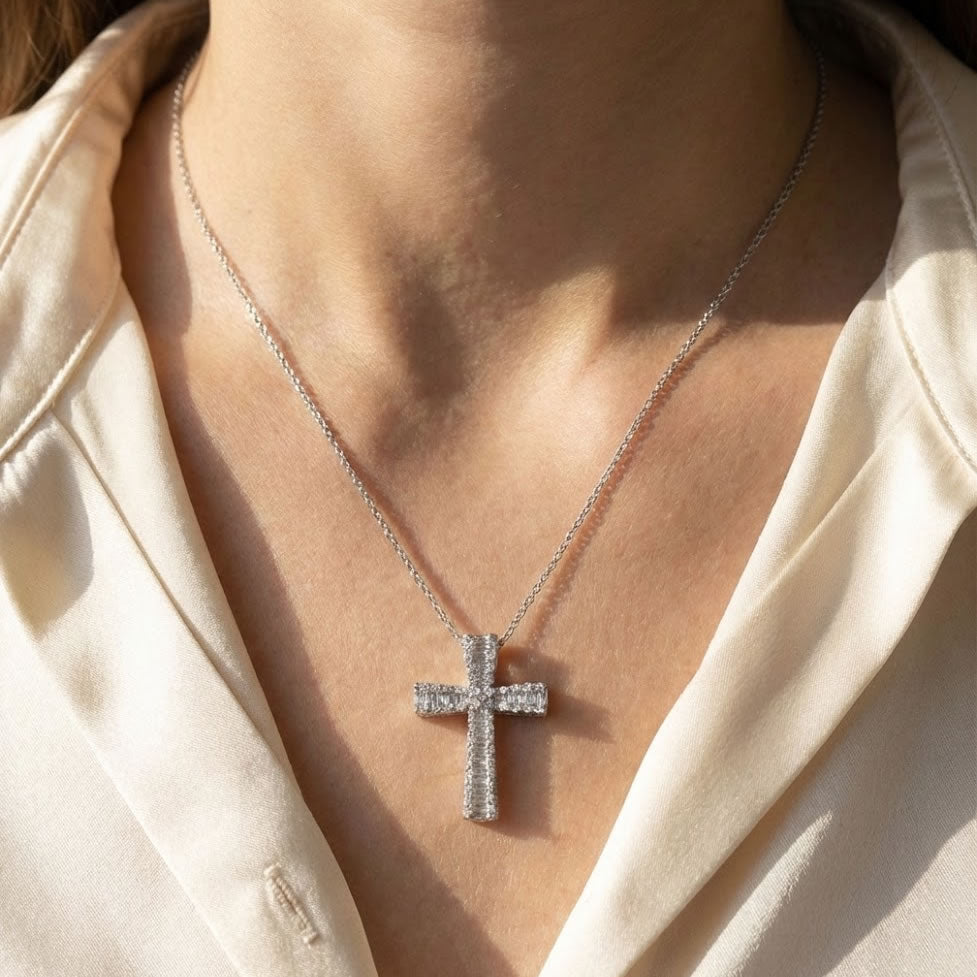 9ct White Gold 0.50ct Baguette Cut Diamond Cross Pendant