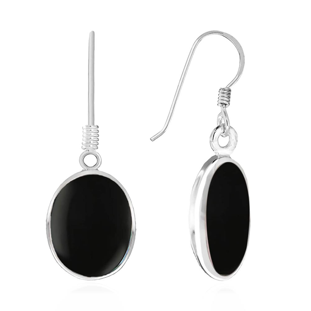 Silver Large Black Stone Onyx Oval Drop Earrings