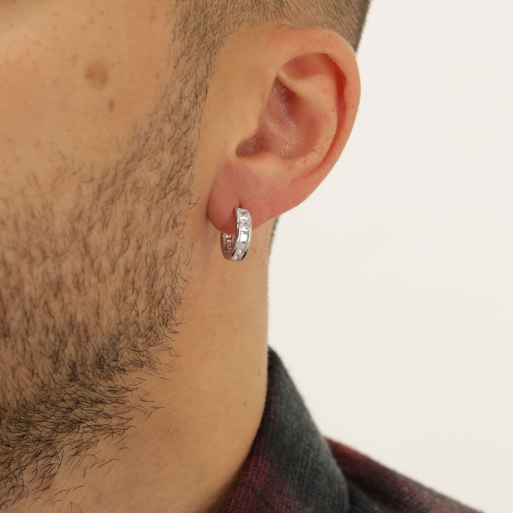 Men's Silver Square Cubic Zirconia Hinged Hoop Earrings