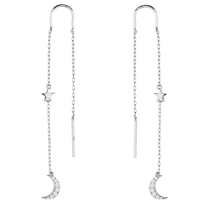 Sterling Silver Pull Through Moon & Star Earrings