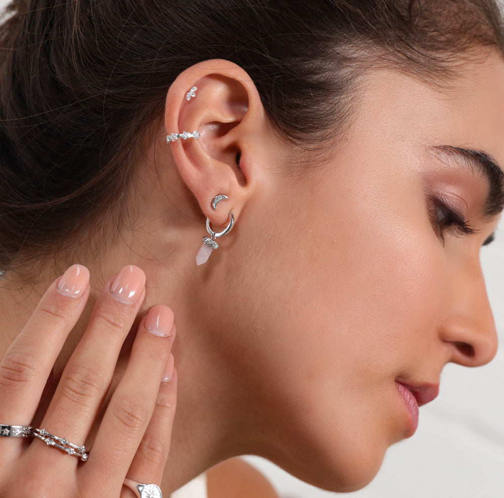 Silver Healing Rose Quartz Huggie Hoop Earrings