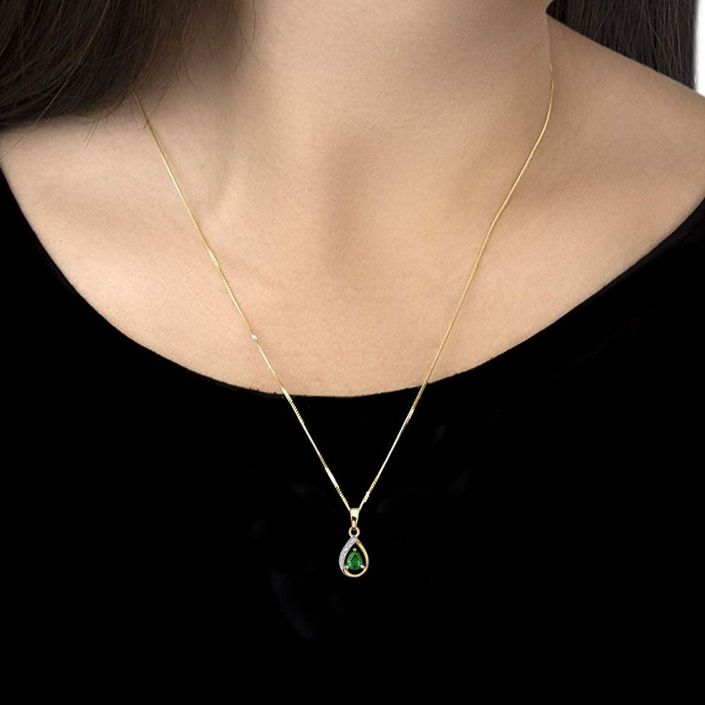 9ct Gold Pear Cut Emerald & Diamond Pendant