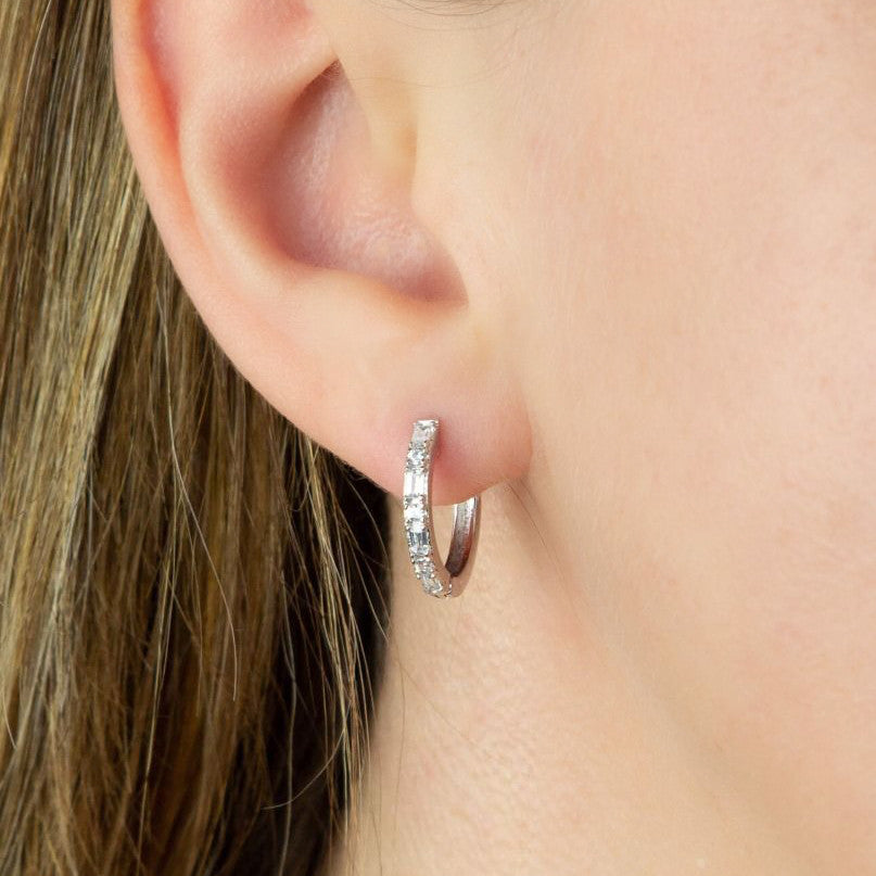 Silver Baguette-Cut Cubic Zirconia Hinged Hoop Earrings