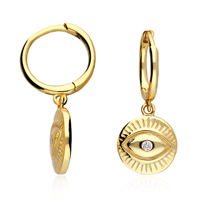 18ct Gold Plated Silver Evil Eye Protection Disc Hoop Earrings