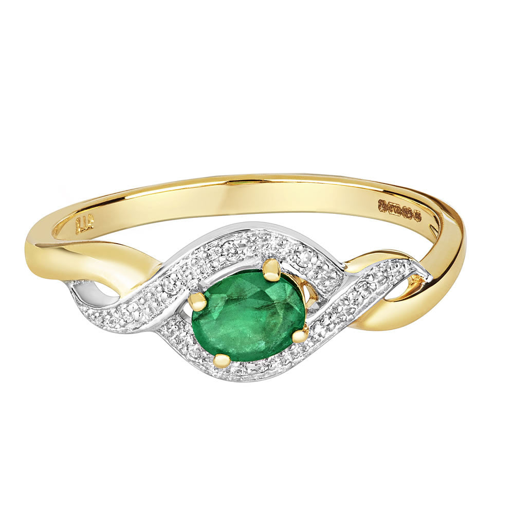 9ct Gold Emerald & Diamond Twist Ring