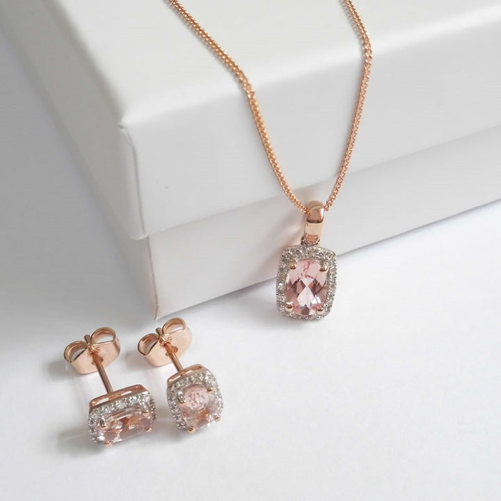 9ct Rose Gold Morganite & Diamond Halo Stud Earrings