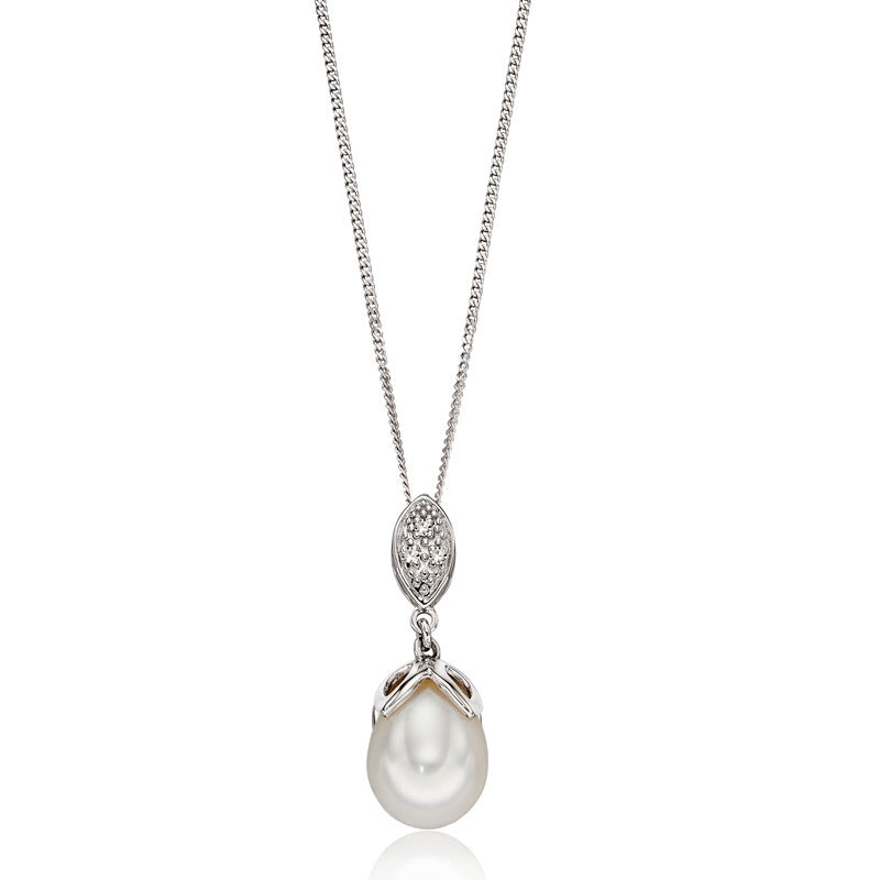 9ct White Gold Pearl & Diamond Drop Pendant