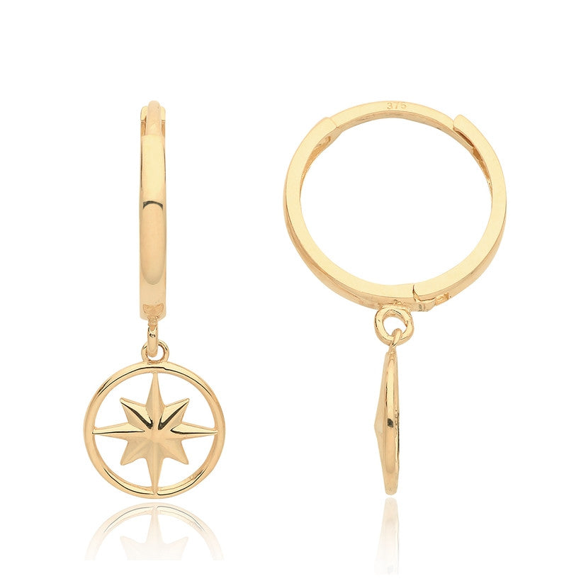 9ct Gold Compass Charm Hoop Earrings