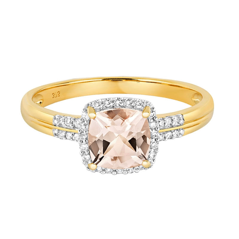 9ct Gold Cushion-Cut Morganite & Diamond Halo Ring