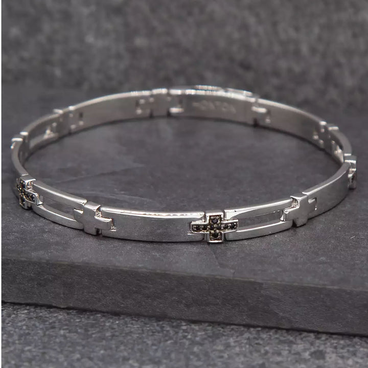 Men's Sterling Silver Black Sapphire Cross Link Bracelet