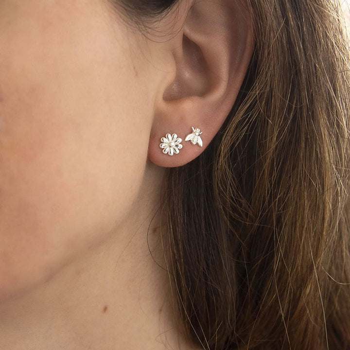 Sterling Silver Bee & Flower Stud Earrings