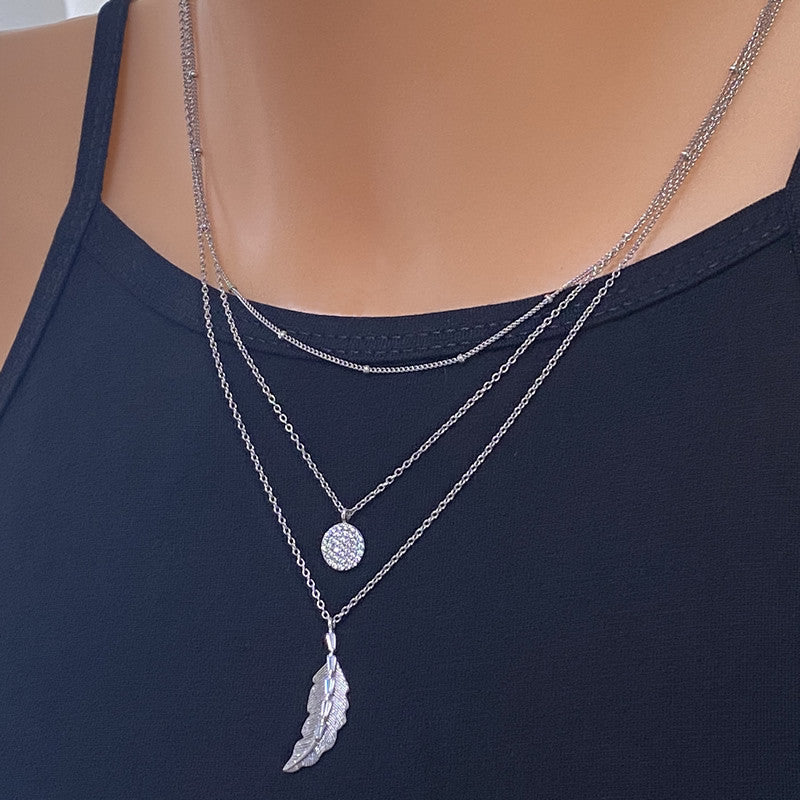 Silver Three Layer Beaded Chain Disc & Feather Necklace