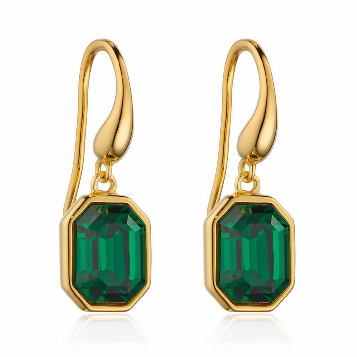 18ct Gold Plated Silver Emerald-Cut Green Crystal Drop Earrings