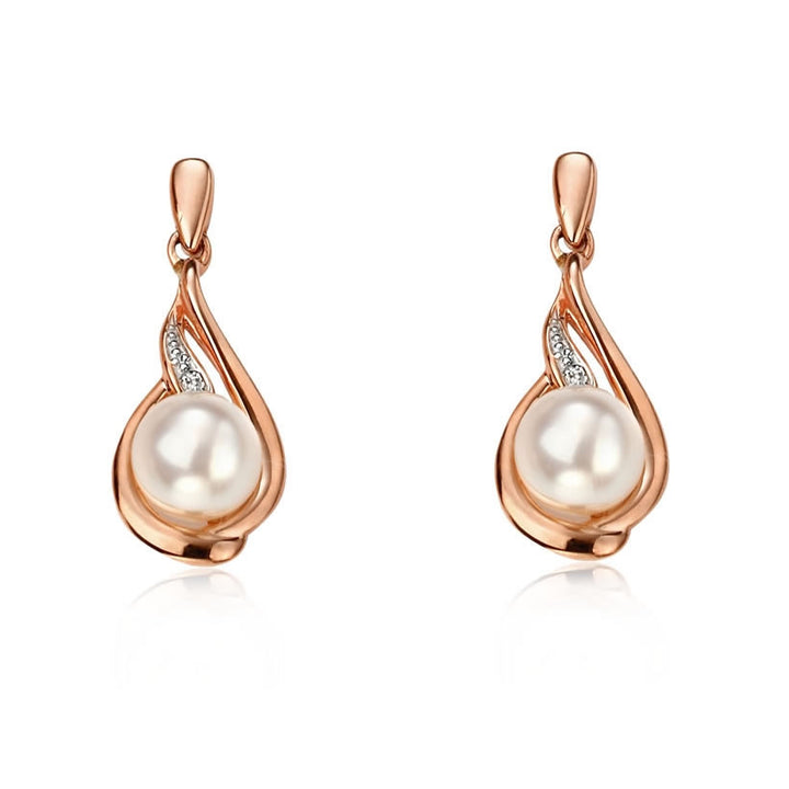 9ct Rose Gold Diamond & Pearl Drop Earrings