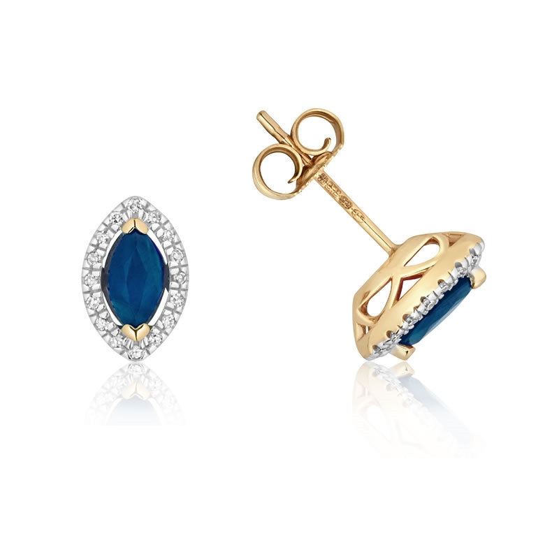 9ct Gold Marquise Sapphire & Diamond Stud Earrings