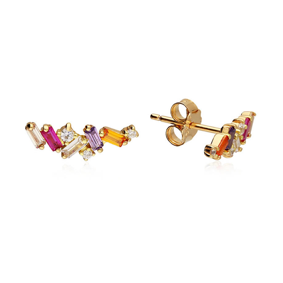 18ct Gold Plated Rainbow Baguette-Cut Climber Stud Earrings