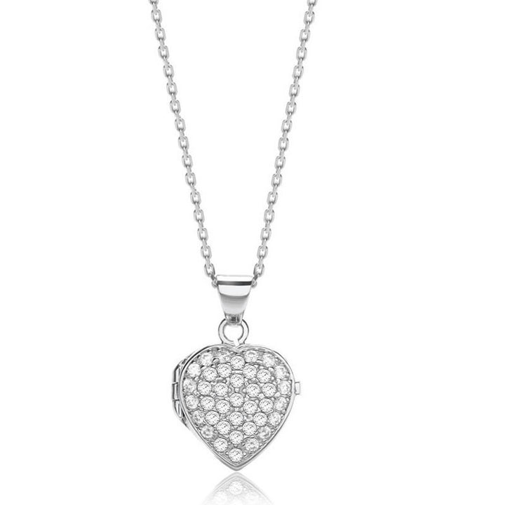 Silver Cubic Zirconia Heart Locket Necklace