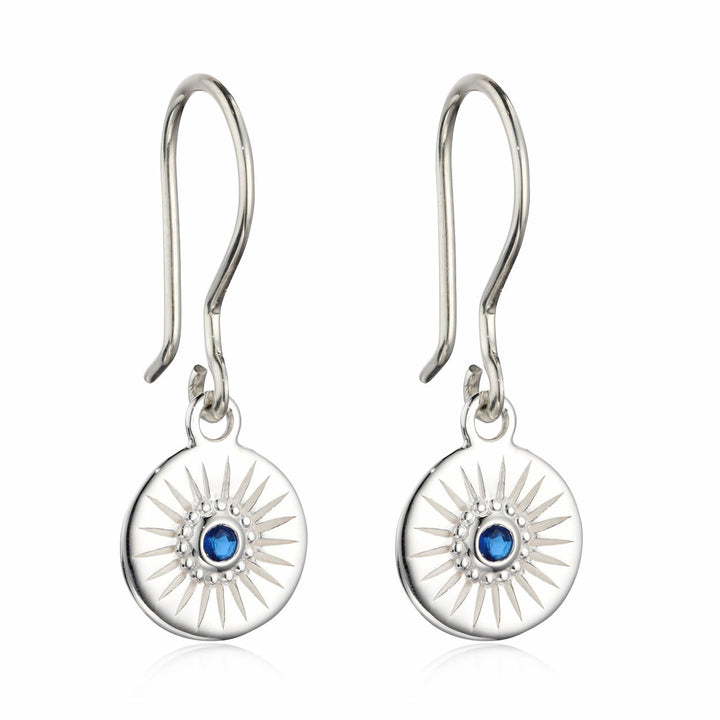 Silver Diamond Cut Disc Drop Earrings With Sapphire Blue Crystal