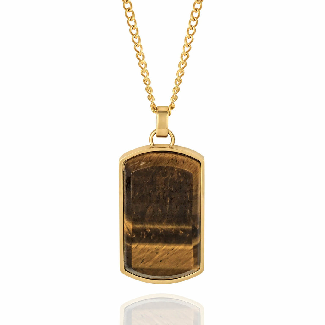 Men's 18ct Gold Plated Tigers Eye Dog Tag Pendant