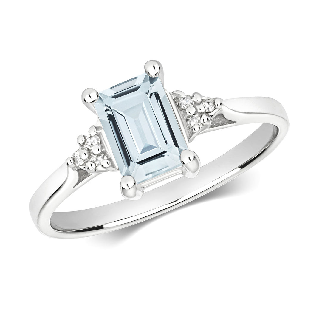 9ct White Gold Emerald Cut Aquamarine & Diamond Ring