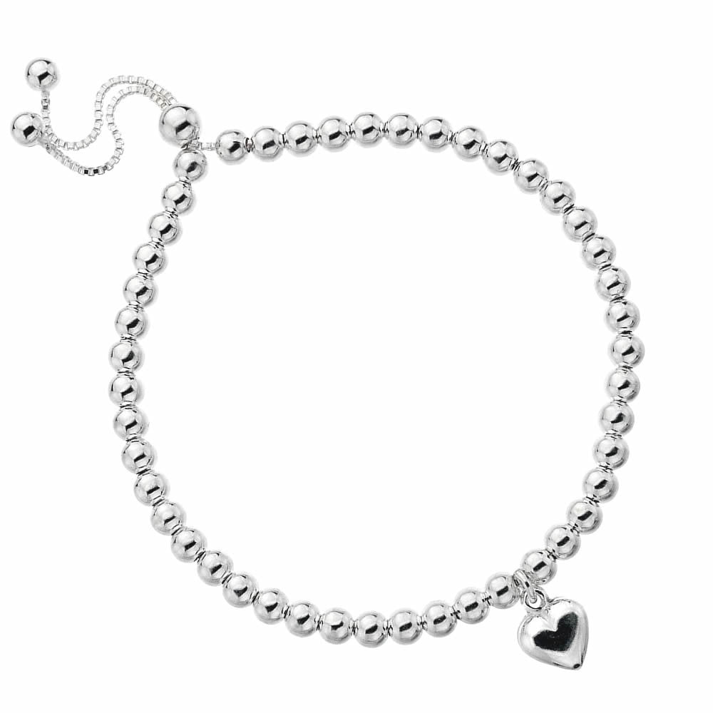 Silver Adjustable Heart Charm Bead Bracelet