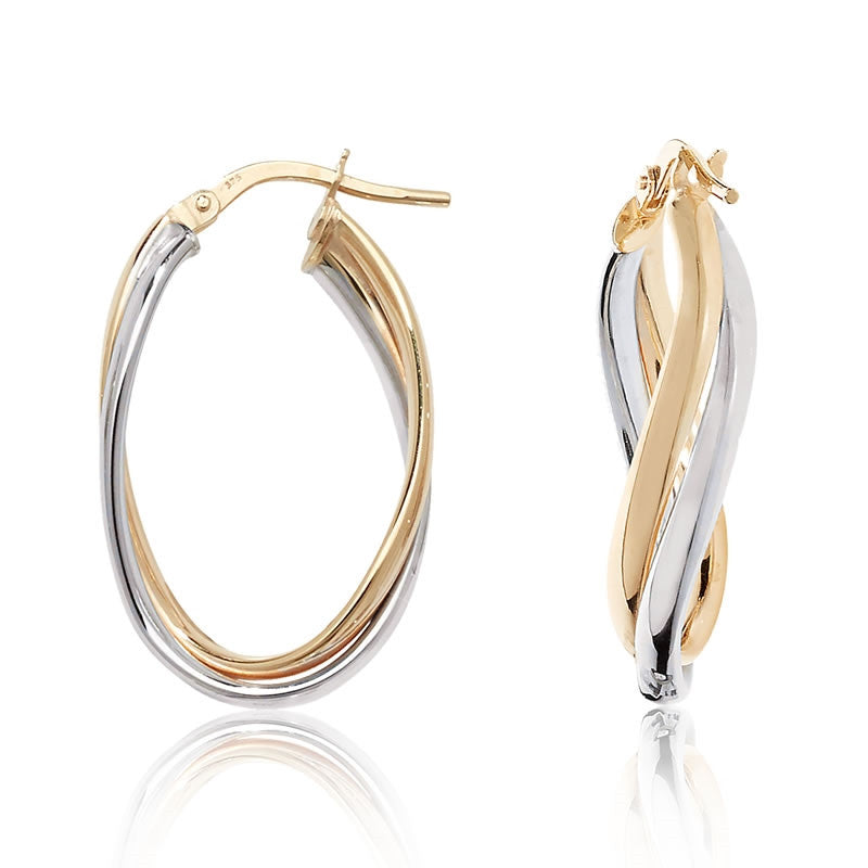 9ct Gold Two Colour Oval Twist Hoop Earrings