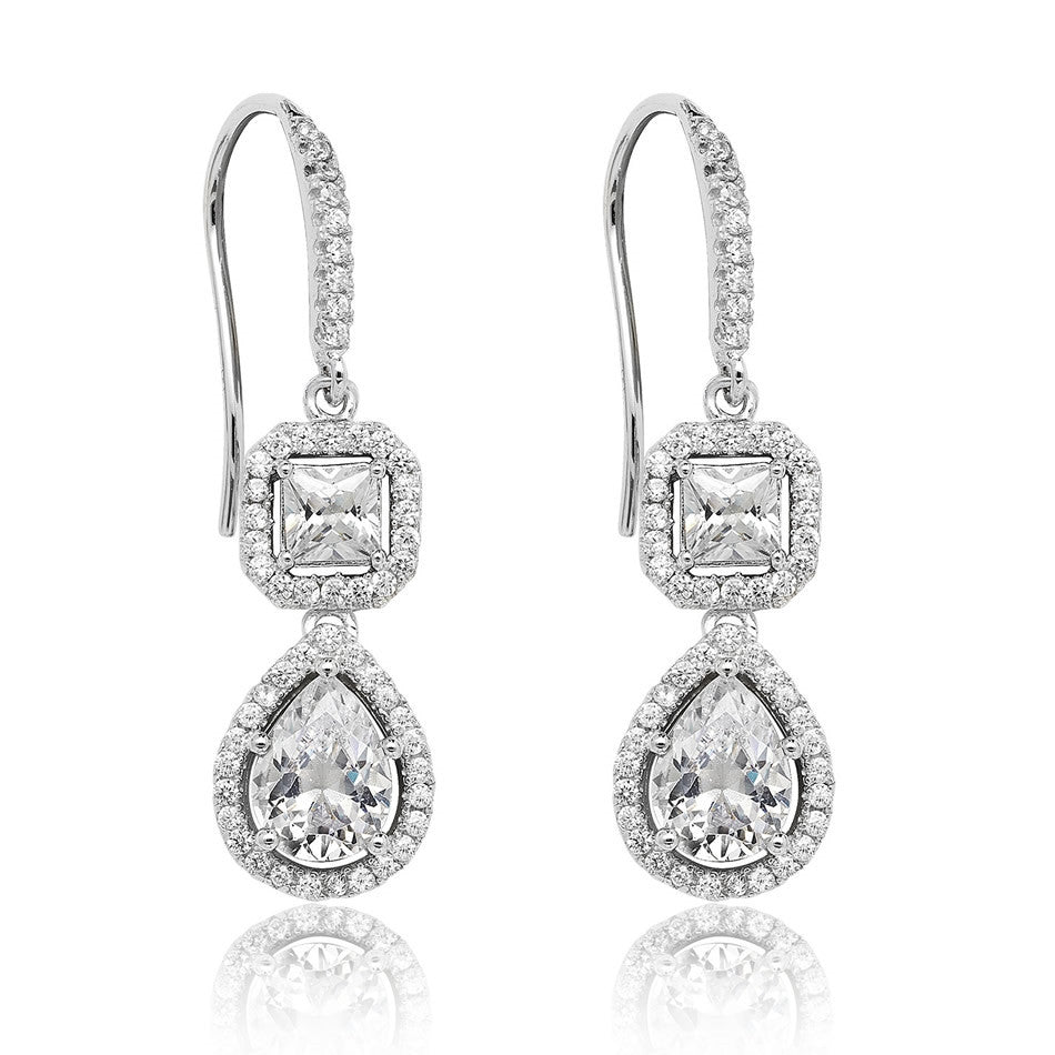 Luminous Silver Square & Pear-Cut Drop Earrings