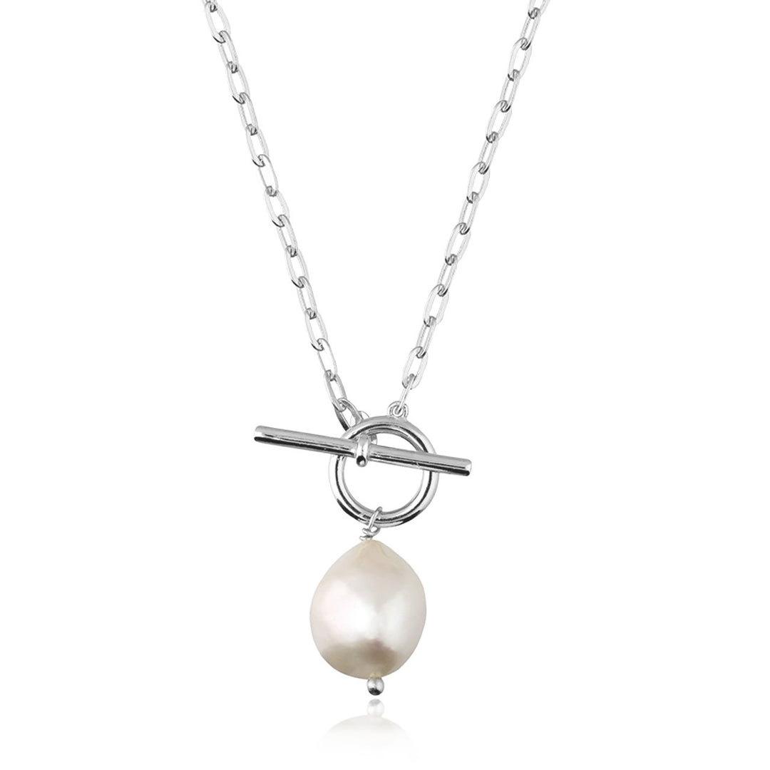 Silver Pearl T-Bar Chain Necklace