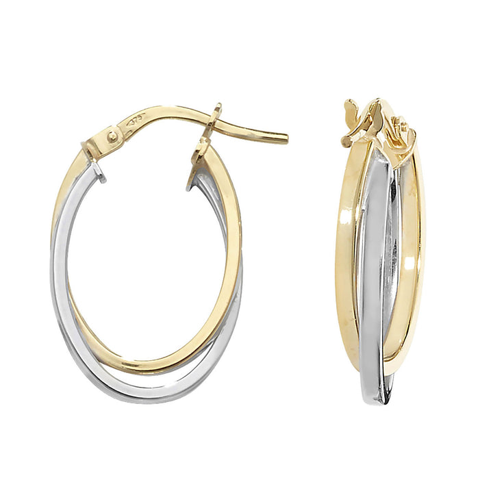9ct Two Colour Gold Oval Hoop Earrings