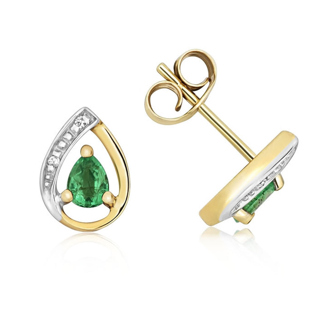 9ct Gold Pear Emerald & Diamond Stud Earrings