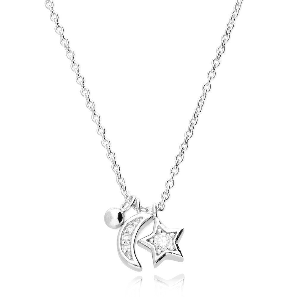 Silver Cubic Zirconia Moon & Star Necklace