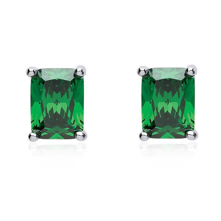 Silver Emerald Cut Green CZ Stud Earrings