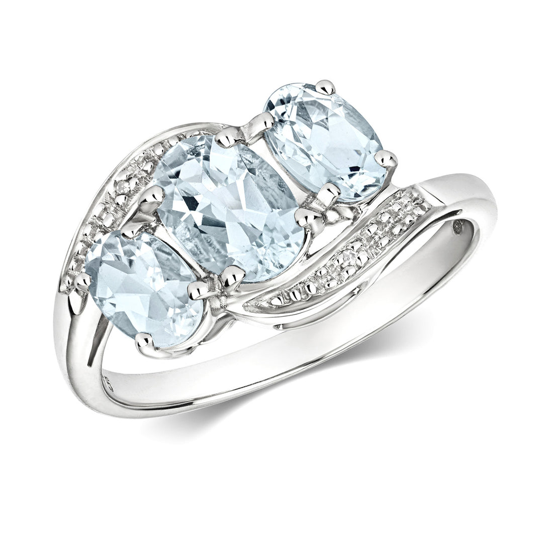 9ct White Gold Diamond & Aquamarine Trilogy Twist Ring