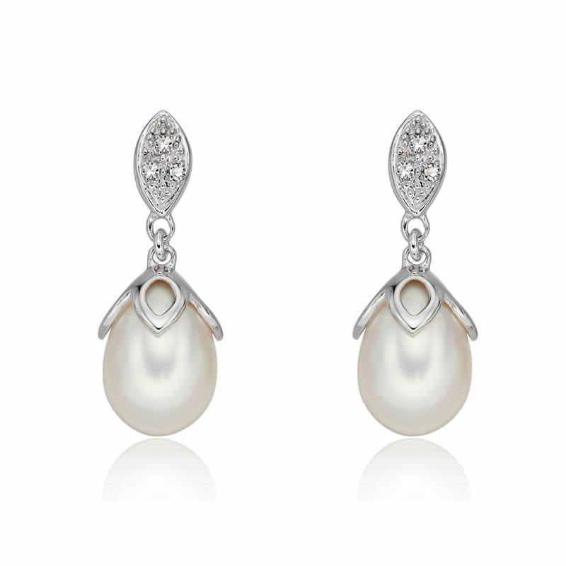 9ct White Gold Diamond & Freshwater Pearl Drop Earrings