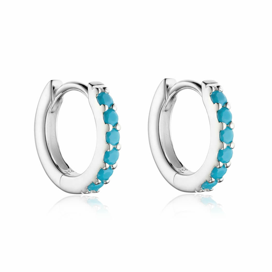 Silver Turquoise Crystal Huggie Hoop Earrings